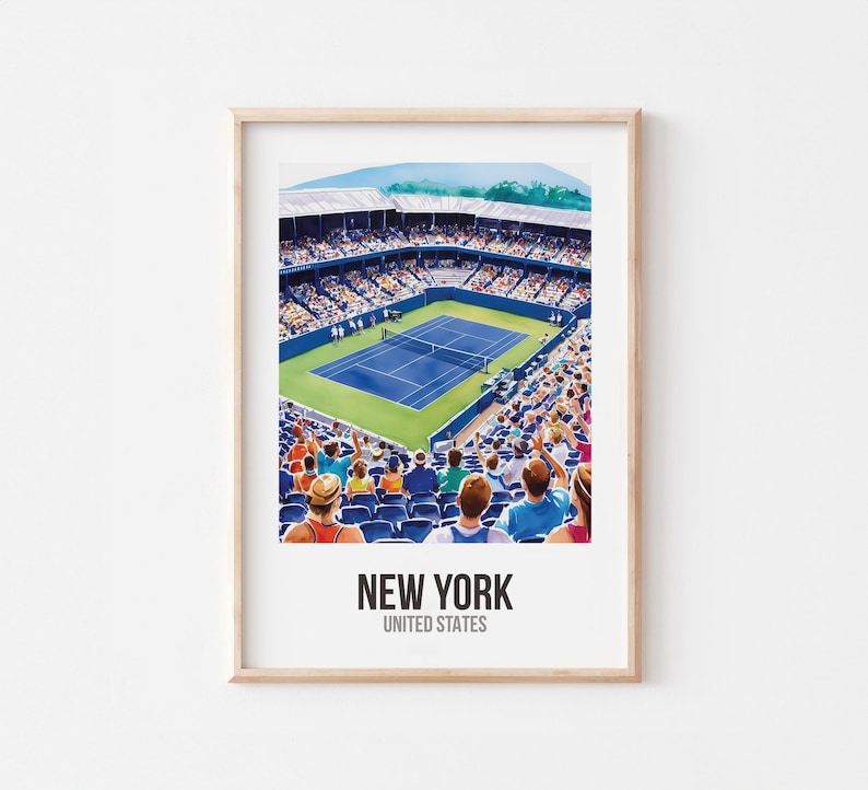 May include: A watercolour illustration of a tennis stadium in New York City, United States. The stadium is filled with spectators watching a tennis match. The court is blue and green, and the stands are filled with people.