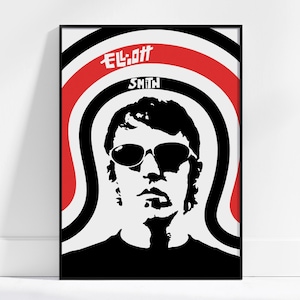 Puede incluir: Ilustración en blanco y negro de Elliott Smith, un cantautor, con líneas onduladas rojas y negras detrás de él. El texto "Elliott Smith" está escrito en blanco sobre su cabeza.