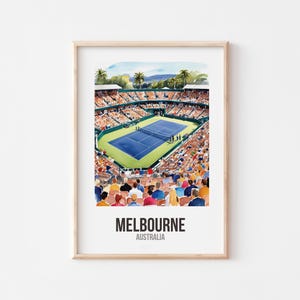 May include: A watercolour painting of a tennis stadium in Melbourne, Australia. The stadium is filled with spectators and the court is blue. The text "MELBOURNE" and "AUSTRALIA" is printed below the image.