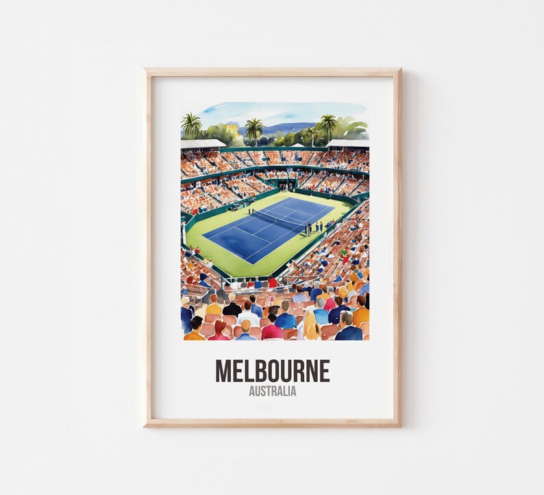 May include: A watercolour painting of a tennis stadium in Melbourne, Australia. The stadium is filled with spectators and the court is blue. The text "MELBOURNE" and "AUSTRALIA" is printed below the image.