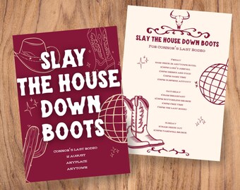 Tuez la maison Bottines ! Modèle d'itinéraire modifiable pour un enterrement de vie de jeune fille / garçon gay