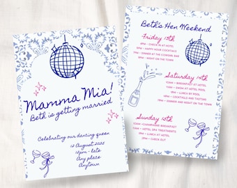 Invitation à un itinéraire de week-end entre filles et garçons sur le thème de Mamma Mia - téléchargez et modifiez instantanément !