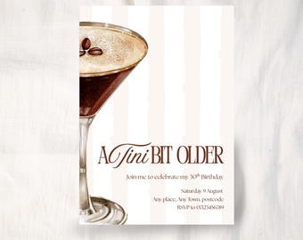 Invitation à une fête d'anniversaire Martini expresso : modèle modifiable (modèle Canva à téléchargement numérique, 5 x 7 po.)