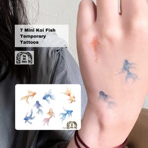 Watercolor Koi Fish Temporary Tattoo Set - 7 Miniature Asian-Inspired Blue and Orange Body Arts for Festival, Cosplay, Gifting, Daily Style