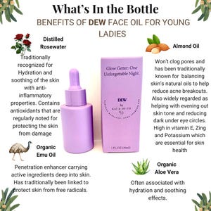 Peut inclure: Un flacon en verre violet avec un compte-gouttes, étiqueté "DEW by KAT & JO CO" et "Glow Getter: One Unforgettable Night." Le flacon est entouré de texte décrivant les bienfaits de l'huile pour le visage, notamment des ingrédients comme l'eau de rose distillée, l'huile d'émeu biologique, l'huile d'amande et l'aloe vera biologique.