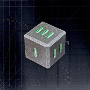 May include: A gray, textured, cube-shaped die featuring recessed, bright neon green slots representing numerical values. The top face displays three vertical slots, while the front and side faces show one and two slots respectively.