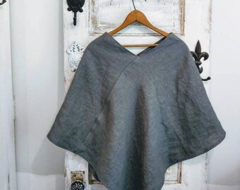Tvättad linneponcho | Präriestil, bohemiska damkläder (normal/stor)