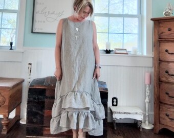 Förlängare i tvättat linne med volanger | Boho präriestilsunderklänning (normal, XL)