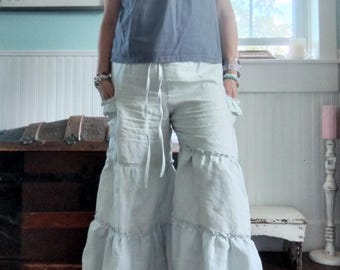 Cottagecore-kläder | Prärieflicka-mamelukers | Gypsy-mode | Volangbyxor i linne | Vildhallon