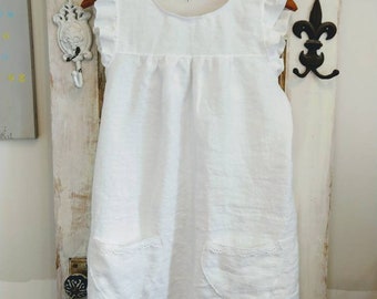 Handgjord babydoll-topp i tvättat linne | Volangärmar, hjärtformade fickor, bohemisk präriestil