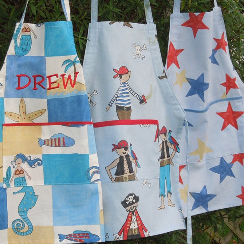 Child/'s Personalised Treasure Island Apron with Pocket Handmade Kid/'s Personalised Seaside Cotton Apron Ages 2-6 yrs