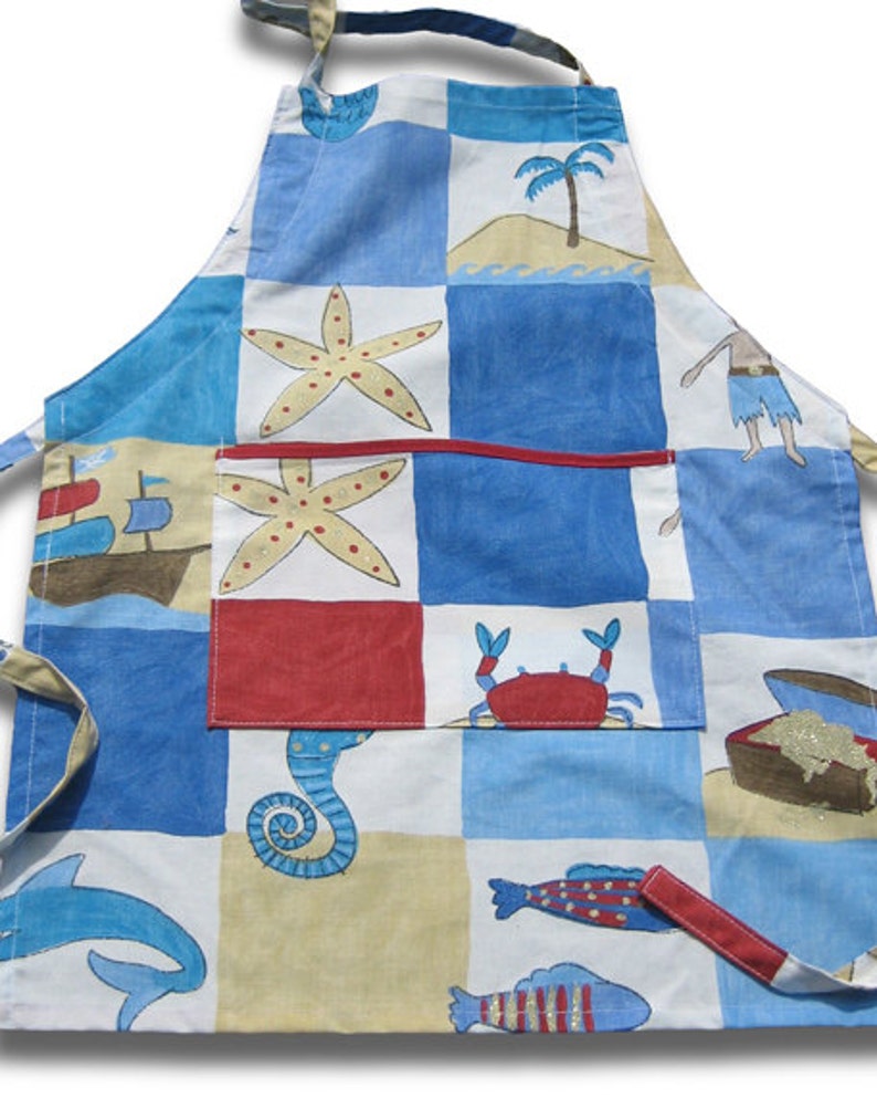 Child/'s Personalised Treasure Island Apron with Pocket Handmade Kid/'s Personalised Seaside Cotton Apron Ages 2-6 yrs