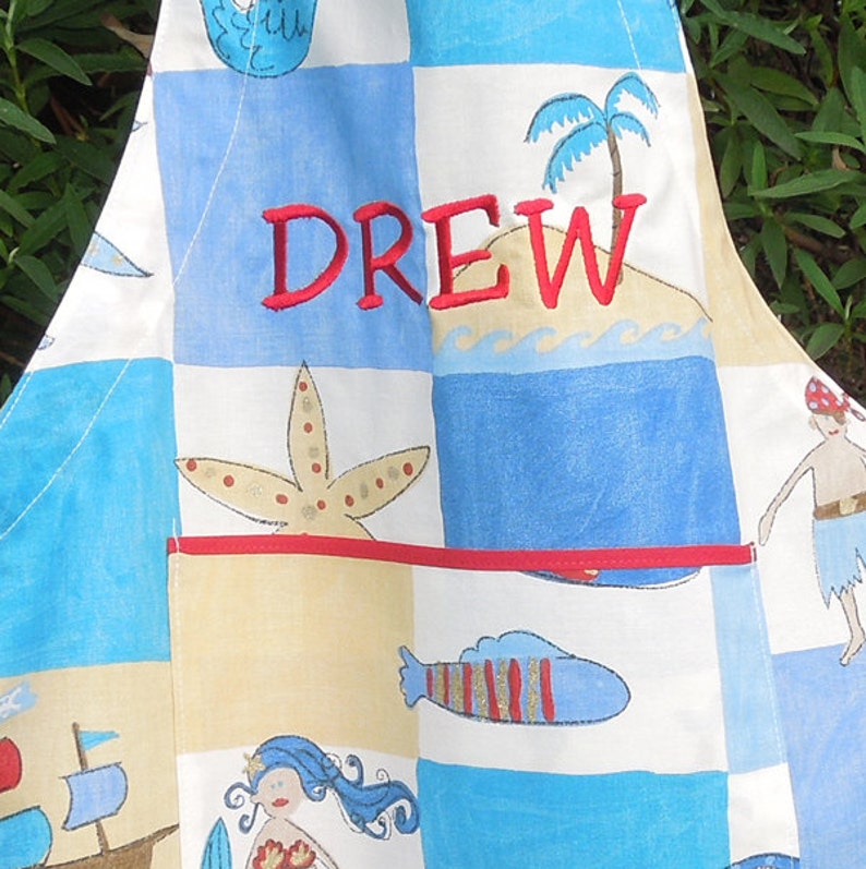 Child/'s Personalised Treasure Island Apron with Pocket Handmade Kid/'s Personalised Seaside Cotton Apron Ages 2-6 yrs