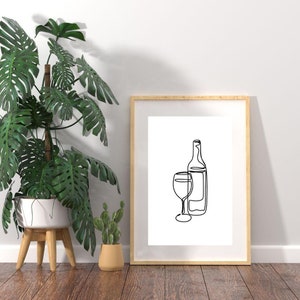 Minimalist Wine Glass and Wine Bottle Line Art Print | Modern Wall Art | Digital Download for Kitchen & Dining Decor
