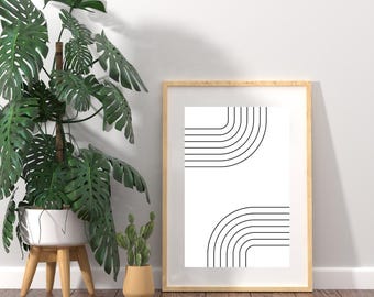 Arte lineal abstracto con espacio en blanco / Impresión digital minimalista en blanco y negro / Decoración de arte de pared moderno / Arte imprimible para sala de estar y oficina