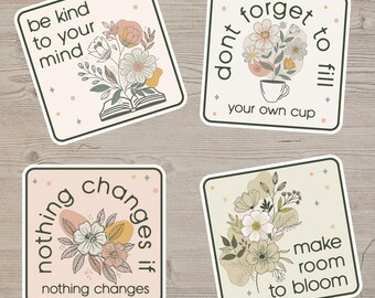 Inspirational Floral Stickers: Self-Care Mental Health Quotes, Set of 4