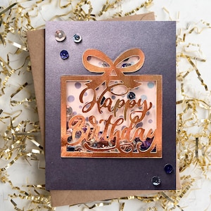 Elegant Happy Birthday Card | Handmade Shaker Card with Rose Gold Gift Design | Handmade Happy Birthday Shaker Card | Luxury Birthday Card
