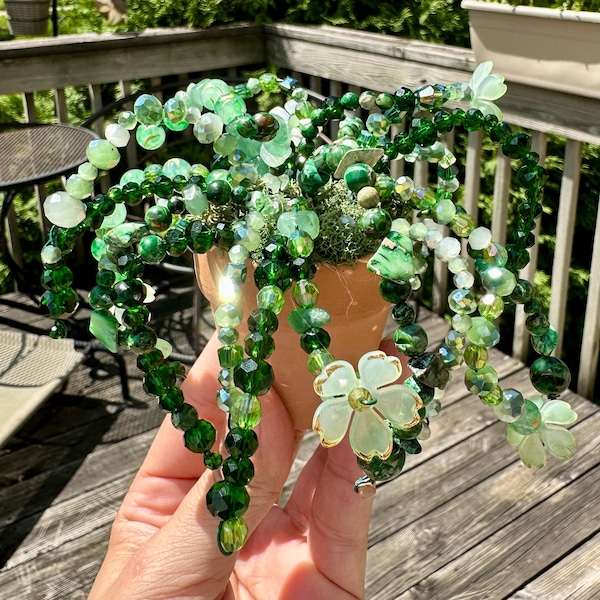 Handmade Beaded Faux Succulent Sculpture: Miniature Glass Plant in Terracotta Pot