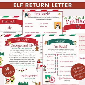 Op de afbeelding: Afdrukbare Elf-terugkeerbriefsjabloon met 10 ontwerpen. De sjabloon heeft een rood-groen kleurenschema met een feestelijke elfillustratie. De tekst "Ik ben terug!" staat op elk ontwerp. De sjabloon is bewerkbaar in Canva en kan naar wens worden afgedrukt.