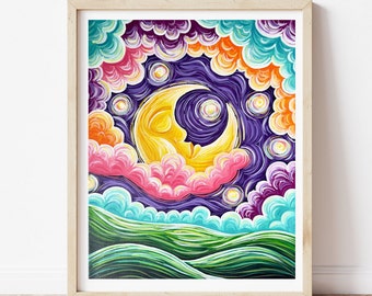 Starry Serenade | Giclée Print | Star and Moon Painting | Night Sky | Femininity | Dreamy Art | Whimsical Painting | Joyful Art