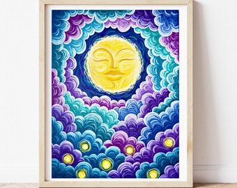Moonlit Tranquility | Giclée Print | Star and Moon Painting | Night Sky | Femininity | Dreamy Art | Whimsical Painting | Joyful Art