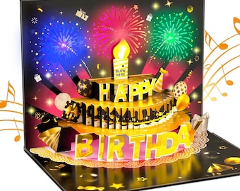 Tarjeta de feliz cumpleaños musical 3D emergente: vela iluminada y con música