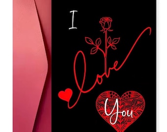 Romantische I Love You Rose Karte – Rot-Schwarzes Herz-Design – zum Jahrestag