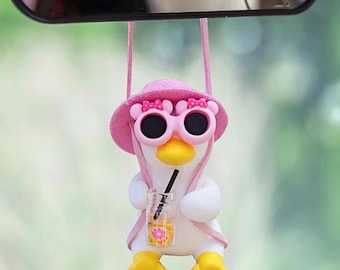 Nette schwingende Ente Auto hängen Anhänger, Rückspiegel Verzierung, lustiges Autozubehör, Enten-Liebhaber-Geschenk, nettes Auto-Dekor Bling Charme rosa