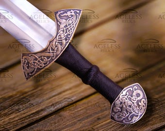 Patter Welded Suontaka Viking Sword, with Copper Guard and Leather-Wrapped Scabbard – 38&quot; Damascus Steel Blade best for, Best Viking gift