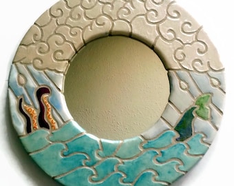 Mosaic Mirror - Ocean Waves with Octopus and Mermaid Tail