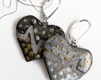 Heartbeat Earrings - EKG - Nurse Gift - Reversible Black and Silver Mosaic Tile Heart 020