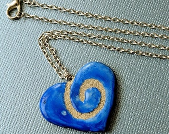 Clay Silver Heart Necklace - Handmade Blue Spiral Twist - Ceramic Tile - REVERSIBLE  056