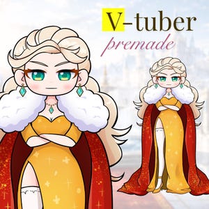 Peut inclure: Illustration d'un personnage blond dans une robe jaune fendue et une cape rouge. Le personnage a les yeux verts et porte un col en fourrure blanche et des boucles d'oreilles en diamant. Le texte "V-tuber premade" est en haut à droite.
