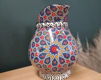 ヴィンテージ 手描き陶器 水差し ピッチャー 幾何学模様 フォーク 