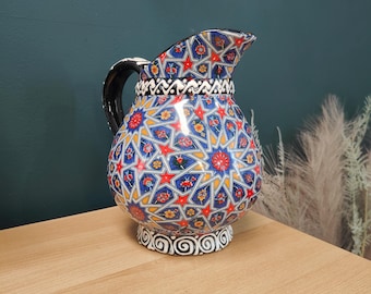 Vintage Hand-Painted Ceramic Ewer Pitcher, Geometric Folk Art, 9"