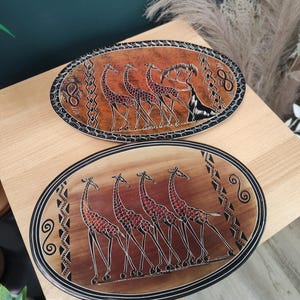 Set of 2 African Giraffe Kisii Soapstone Oval Plates, Wildlife Carving, Hand-Carved Stone Art, Large Decorative Dish, Fair Trade Kenya Decor
