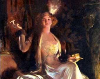 May include: A woman in a white dress and a fur coat sits in a chair, holding a cigarette in one hand and a small plate in the other. She is wearing a feathered hat and has a relaxed expression on her face.