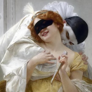 May include: An oil painting depicts a woman with red hair wearing a black mask and a yellow dress, embraced by a figure in a white ruffled collar and black hat. The woman holds a fan.