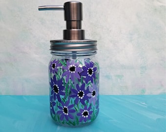 Mason Jar Pump Soap Dispenser,  Pump Lotion Dispenser, Hand Painted. Shades of Purple Flowers, Glass Art, Painted Glass, Hand Sanitizer