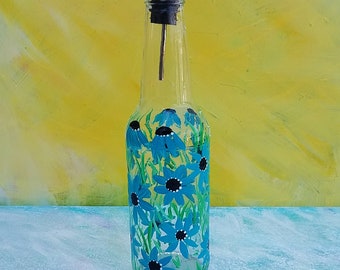 Oil and Vinegar Bottle, Dish Soap Dispenser,  Recycled Clear Beer Bottle, Painted Glass, Shades of Blue Flowers