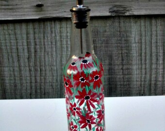 Dish Soap Dispenser,  Recycled Clear Bottle, Painted Glass, Oil and Vinegar Bottle, Red Flowers, Bottle Dispenser