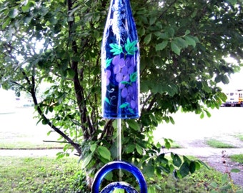 Wind Chime,  Wine Bottle Chime, Recycled Blue Wine Bottle,  Hand Painted Grapes