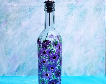 Hand Painted Dish Soap Dispenser, Clear Wine Bottle, Purple Flowers, Wine Bottle Soap Bottle, Oil and Vinegar Bottle