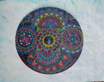 Wall Decoration, 14 Inch Round Wood, Dot Painted, 3 D Look, Colorful, Mandala Art, Unique Piece of Art, Round Design