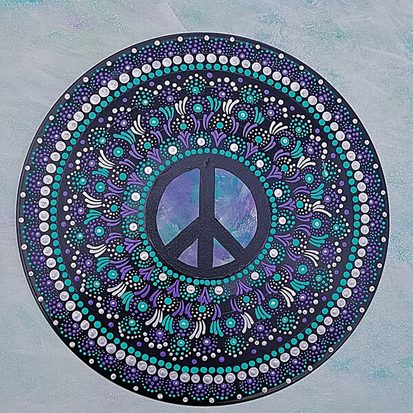 Painted Vinyl Record, Mandala Painted, Peace Sign, Wall Hanger, Mandala Art, Dot Painting, Unique Design, Hanger on Back, 12 Inch