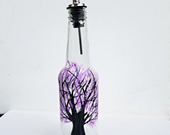 Dish Soap Dispenser, Recycled Clear Beer Bottle, Painted Glass, Oil and Vinegar Bottle, Black Tree with Purple Leaves