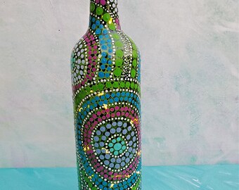 Wine Bottle Light, Mandala Light, Mandala Art, Painted Green Glass Bottle, Dot Art, LED Cork Light, Table Light, Painted Glass Art, Colorful