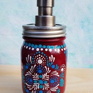 Mason Jar Pump Soap Dispenser, Pump Lotion Dispenser, Hand Painted, Burgundy Background, Mandala Art, Dot Art, Bright, Aqua and White