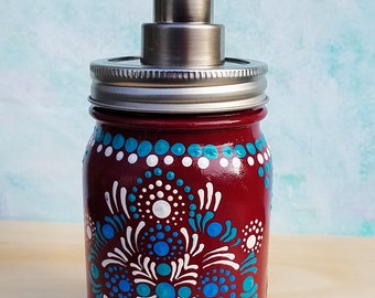 Mason Jar Pump Soap Dispenser, Pump Lotion Dispenser, Hand Painted, Burgundy Background, Mandala Art, Dot Art, Bright, Aqua and White