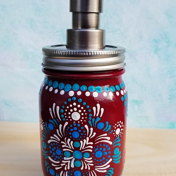 Mason Jar Pump Soap Dispenser, Pump Lotion Dispenser, Hand Painted, Burgundy Background, Mandala Art, Dot Art, Bright, Aqua and White